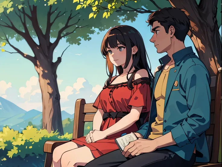 man and woman, sitting beside a tree, romantic conversation, joy, (insanely detailed, perfect faces, medium shot)