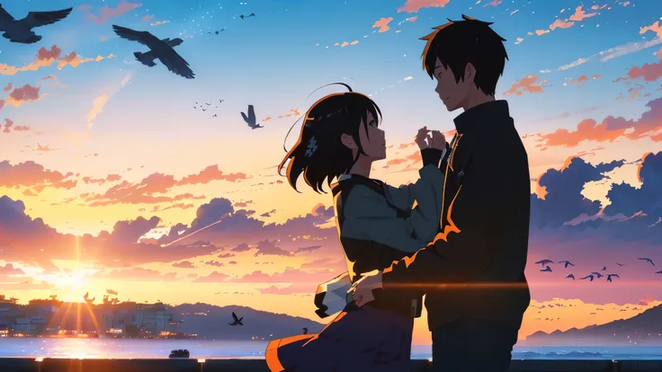 anime couple standing on a pier at sunset with birds flying overhead, makoto shinkai cyril rolando, in style of makoto shinkai, in style of atey ghailan, sakimichan and makoto shinkai, ( ( makoto shinkai ) ), guweiz and makoto shinkai, anime style 4 k, sty...