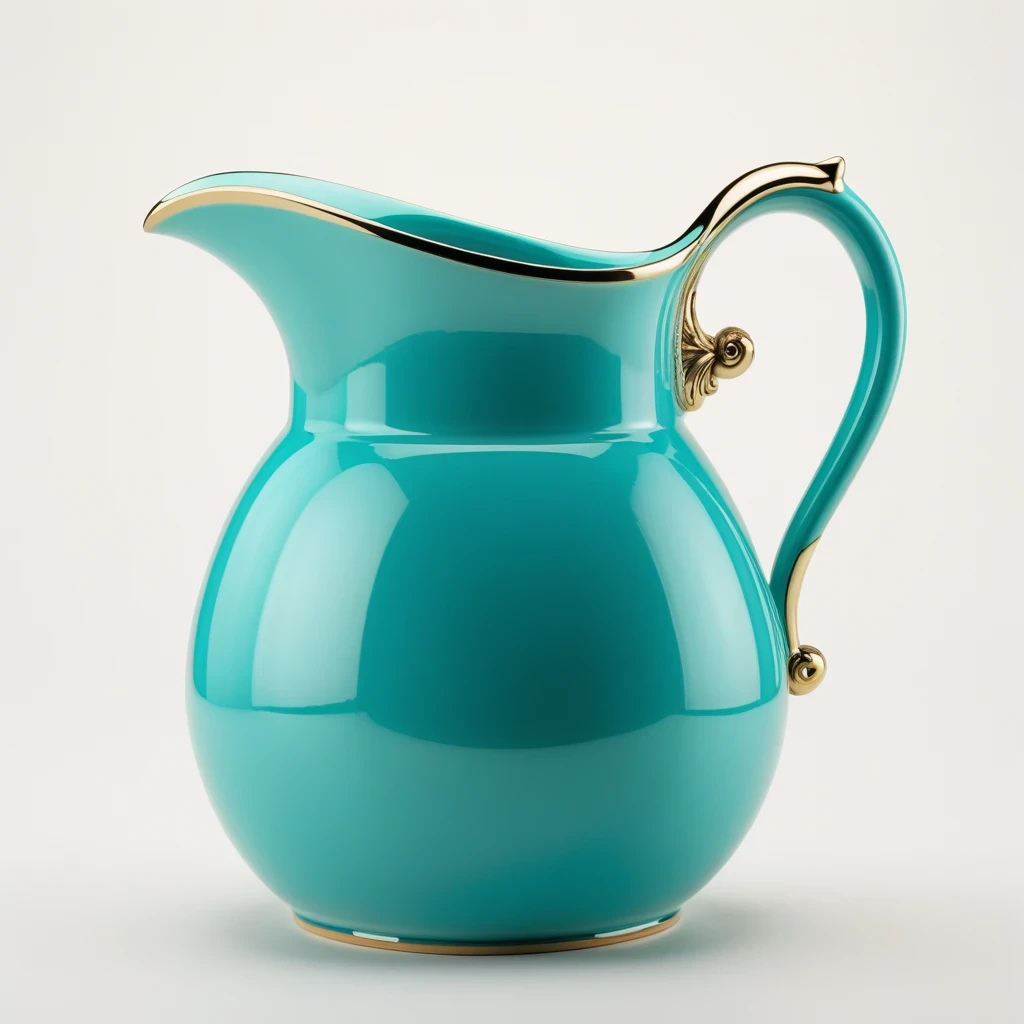 ((Masterpiece)), ((Best Quality)), (Very Detailed), ((Very Detailed)), 4K, (8K), very aesthetic, absurdres highres, A turquoise ceramic pitcher with a glossy finish, featuring a handle on the right side. The pitcher should taper slightly towards the bottom...