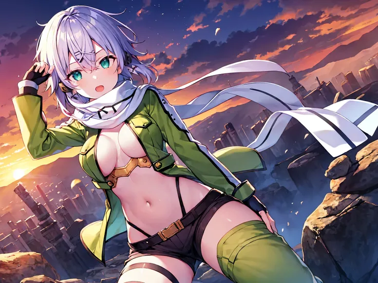 (masterpiece), best quality, expressive eyes, perfect face, highres, sinon1, scarf, fingerless gloves, long sleeves, short shorts,groin, hair ornament, hairclip, green thighhighs, green jacket,covered_nipples, thigh strap, field, sunset_ruins_landscape_bac...