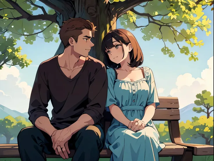 Man and woman, sitting beside a tree, romantic conversation, joy, (insanely detailed, perfect faces, upper body)
