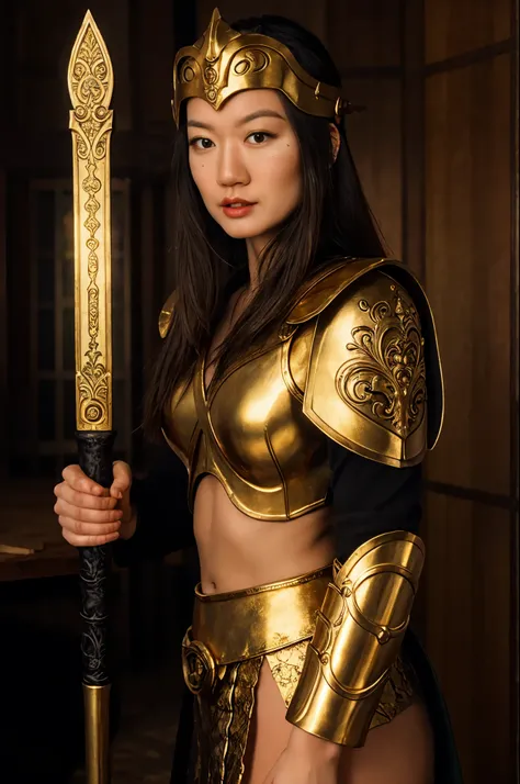 beautiful muscular antique greek spartan warrior asian girl, detailed face with piercing eyes, flowing dark hair, wearing ornate spartan helmet with ornate gold and bronze details, wearing detailed spartan battle armor with intricate gold and bronze design...