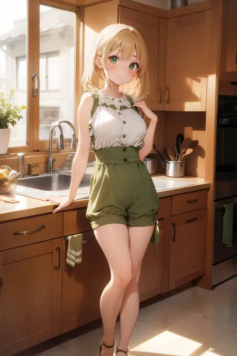 1girl, full body shot, medium beige hair, green eyes, slim tight romper, in the kitchen, cute, happy, absurdres, high res, ultrasharp, 8K, masterpiece, 