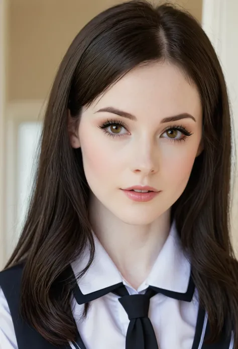 Dark brown haired woman, petite, pale skin, dark brown eyes, wearing sexy schoolgirl uniform 