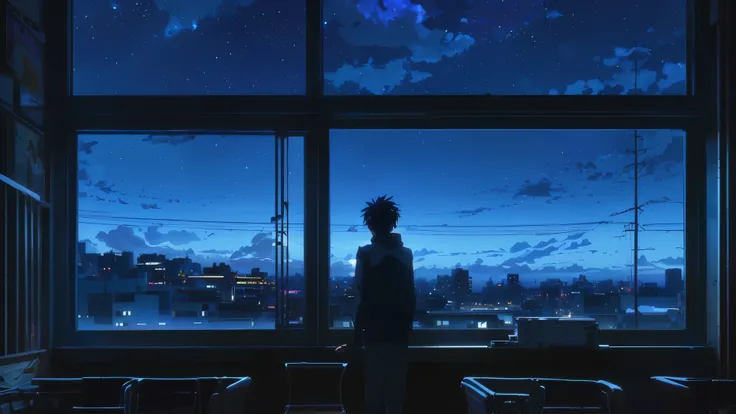 anime scene of a man looking out a window at the city, anime background art, anime background, anime atmospheric, 4k anime wallpaper, anime movie background, lofi artstyle, anime sky, beautiful sky, watching the sky. anime, atmospheric anime, in style of m...