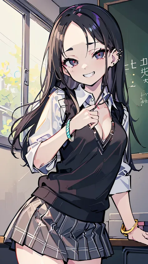 ((masterpiece、Highest quality、Very detailed))、One girl、Black Hair、Long Hair、((forehead))、Grey Eyes、evil smile、((Grin))、((lots of piercing))、((Small breasts))、((White collared shirt))、((clavicle))、((cleavage))、bracelet、((black sweater vest))、((gray plaid sk...