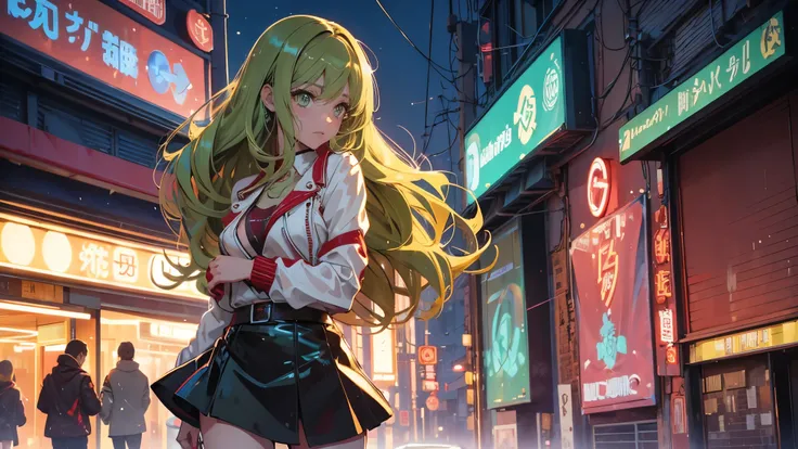 2d anime style, a beautiful woman with long curly brown hair and green eyes wearing a red miniskirt, white top and leather jacket is in front of a dance club that shines in neon on its facade the name "Technoir", night of a city in the 80s, lighting of str...