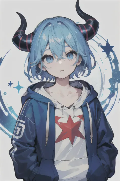 masterpiece, Highest quality, High resolution, wonderful, blue hair, blue eyes, blue hoodie, short hair, hands in pockets,Horns on head, star in eyes
