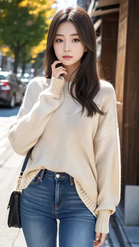 masterpiece, textured skin, high quality, 8k, 20 year old Japanese woman、Walking、Sweater and jeans、