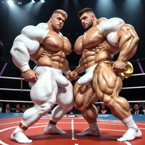 full view full body, Two different white very small but enlarged men, over-bodybuilded, over-inflated and over-muscled on steroids, stuffed like gorets, they are as wide as they are tall, blond with short undercut cuts, in shiny white latex skinsuits and w...