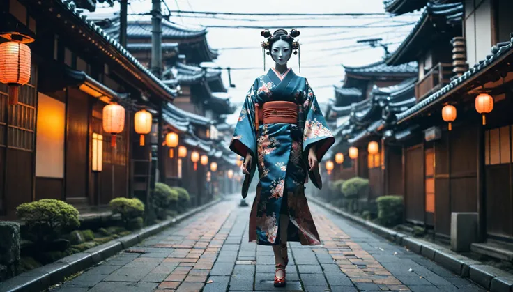 Creating an image of a female android in a beautiful kimono walking through the streets of Kyoto. The style is terrible, and the fusion of humans and robots has a mysterious and creepy atmosphere amidst the beauty. In the background is an old Japanese city...