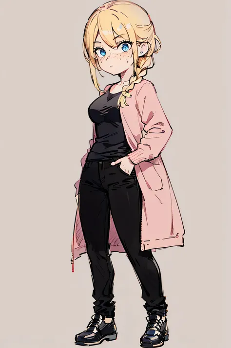 1girl, freckles, blue eyes, blonde hair, braid, shirt, black shirt, jacket, pink jacket, long sleeves, pants, black pants, black...