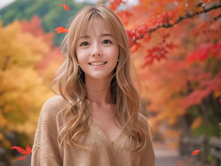 (Close up face shot of one slender small breasts half up blonde long hair with bangs girl in a long sleeves shirt and sweater and skirt:1.5)、(One blonde hair girl is dancing with happy smile on the dart road near the lake and big waterfall in Japan:1.5)、(B...