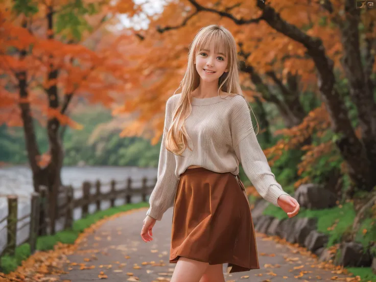 (Close up face shot of one slender small breasts half up blonde long hair with bangs girl in a long sleeves shirt and sweater and skirt:1.5)、(One blonde hair girl is dancing with happy smile on the dart road near the lake and big waterfall in Japan:1.5)、(B...