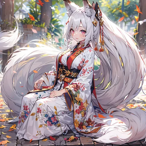 (highest quality, high resolution, 1 girl, alone),fox ears, white hair, very large breasts, fox&#39;s tail, grin, loose kimono,b...