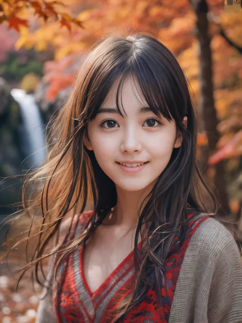 (Close up face shot of one slender small breasts dark silver long hair with swept bangs girl in a long sleeves shirt and sweater and skirt:1.5)、(One girl is dancing with happy smile on the dart road near the lake and big waterfall in Japan:1.5)、(Beautiful ...