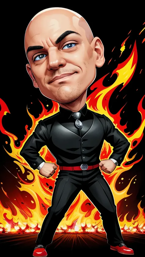 full body, bald man, 30yo, black suit, red shoes, digital art,  vibrant colors, judge, flaming red eyes, x in background, high q...