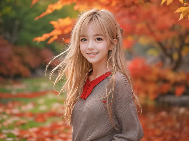 (Close up face shot of one slender small breasts half up blonde long hair with bangs girl in a long sleeves shirt and sweater and skirt:1.5)、(One blonde hair girl is dancing with happy smile on the dart road near the lake and big waterfall in Japan:1.5)、(B...