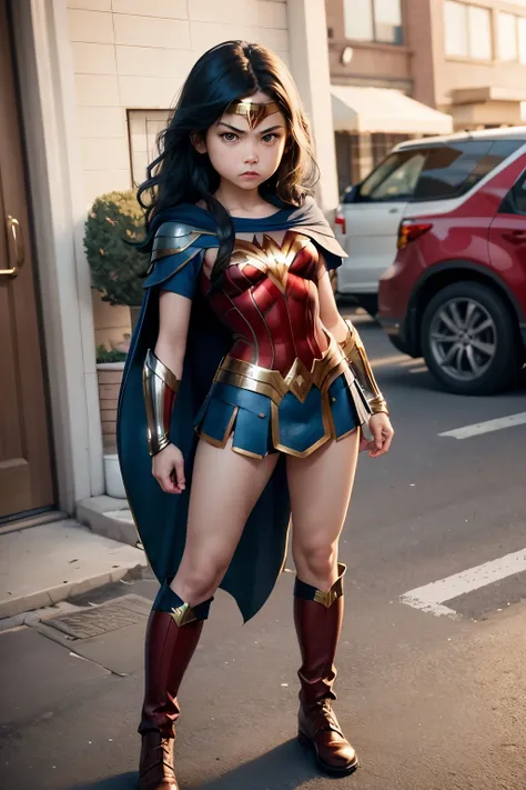 Ultra-detailed,   girl  ,pre-adolescent , childshi  body , black hair frinje, angry face,  Wonder woman cosplay,  pircings , long boots,  standing . 