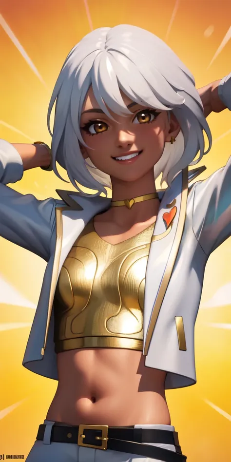 1girl, white hair, short hair, brown eyes, upper body, arms down, heart,(speed lines:1.1),medium breasts, heart, white jacket, jacket crop top, navel, gold crop top, smile