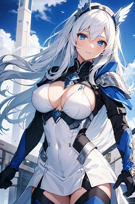 4K,High resolution,One Woman,White Hair,long hair,Blue Eyes,Valkyrie,Silver Sacred Armor,Sideboob,Blue long boots,Blue gloves,Winged headgear,Jewelry decoration,Holy Sword,Temple in the Sky