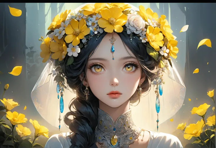 Rape flower landscape, bright canvas, The petals are fluttering, Transparent holographic reflection, A surreal landscape made of flower petals, Leaves viewers speechless, A beautiful world, 1 Uzbek woman, detailed eyes, Yellow eyes, detailed lips, very det...