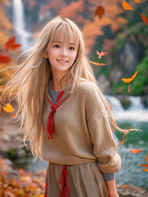 (Close up face shot of one slender small breasts half up blonde long hair with bangs girl in a long sleeves shirt and sweater and skirt:1.5)、(One blonde hair girl is dancing with happy smile on the dart road near the lake and big waterfall in Japan:1.5)、(B...