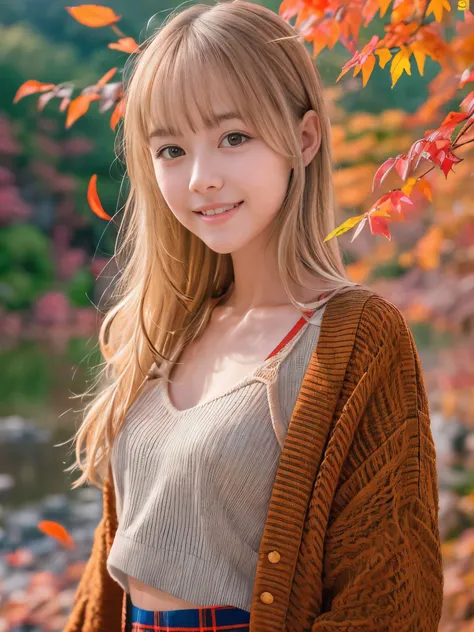 (Close up face shot of one slender small breasts half up blonde long hair with bangs girl in a long sleeves shirt and sweater and skirt:1.5)、(One blonde hair girl is dancing with happy smile on the dart road near the lake and big waterfall in Japan:1.5)、(B...