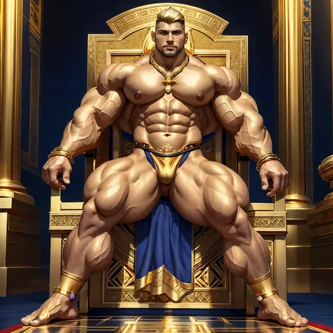 full body view, a muscular white european over-bodybuilded handsome man with undercut clean haircut of his brown and gold blonde streaks haircut, in Neo-Byzantine Futurist style, golden socks, indigo and gold clothing, gold rings, necklaces, bracelets, pie...