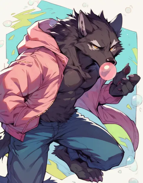 furry, black fur, wolf, golden eyes, pink jacket, bubble gum, claws