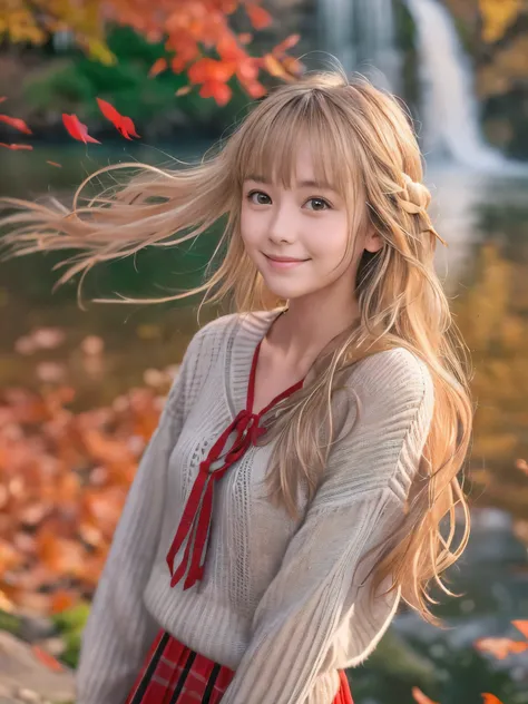 (Close up face shot of one slender small breasts half up blonde long hair with bangs girl in a long sleeves shirt and sweater and skirt:1.5)、(One blonde hair girl is dancing with happy smile on the dart road near the lake and big waterfall in Japan:1.5)、(B...