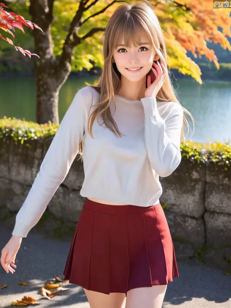 (Close up face shot of one slender small breasts half up blonde long hair with bangs girl in a long sleeves shirt and sweater and skirt:1.5)、(One blonde hair girl is dancing with happy smile on the dart road near the lake and big waterfall in Japan:1.5)、(B...