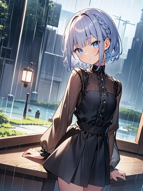 Tabletop, Highest quality,shape, wallpaper, Very detailed, Absurd, One Girl、 (Medium Short Hair、Short braided hair), very fine and beautiful eyes、Hmph、Small Head、きれいなrain空、(Panorama:1.5)、study、rain、梅rain、rain上がり、weather 、