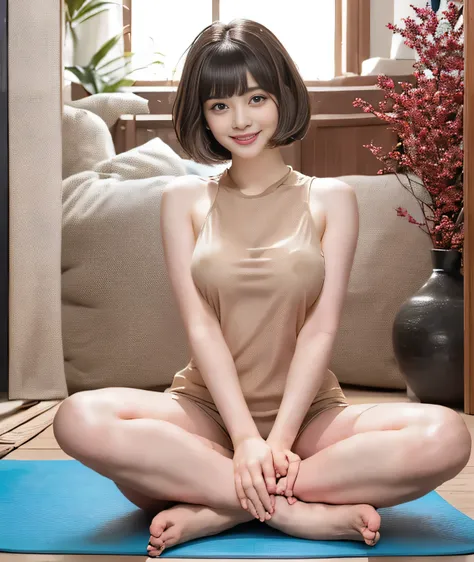 {{{Hold your hands out as if you were holding an apple::1.8}}},{{{Blunt bangs、short hair:1.6}}}},,{{Girl sitting on a mat and doing yoga poses:１８age:Double Eyes::smile}},, Sitting pose,{Tight tank top:See through}, Affectionate, Affectionate, gentle pose, ...