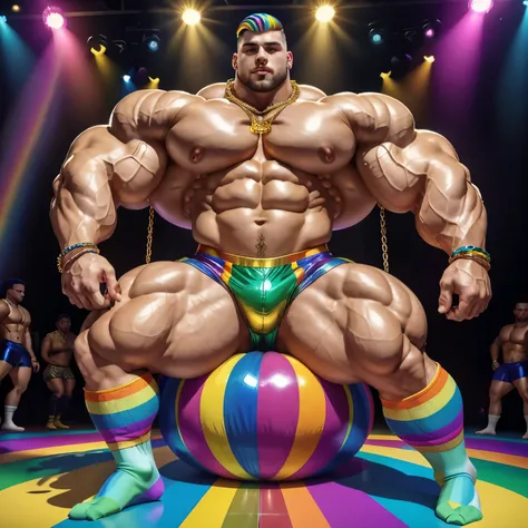 full view full body, the biggest heaviest hyper-massive overmuscular bodybuilded young white european effeminate guy with hype gay undercut haircut, lots of gay jewelery, shirtless showing off over-inflated and over-bloated huge pecs, double-biceps, legs, ...