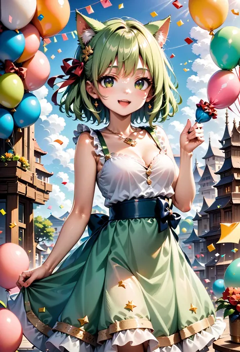 1 cat girl, emerald eyes, cat tail, cat ears, light green hair, short hair, smile, open mouth, cute, medium breasts, bare shoulders, red ribbon, (hair ribbon:1.1), dress, confetti, party, indoors, balloon, gorgeous, glitter, sharp focus, looking at viewer,...