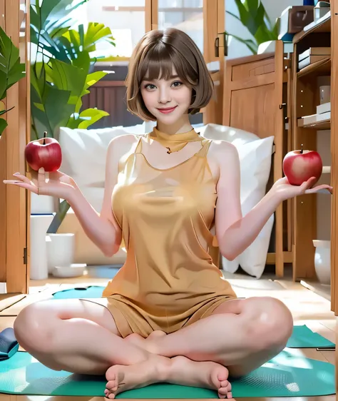 {{{hold your hands out as if you were holding an apple::1.8}}},{{{blunt bangs、short hair:1.6}}}},,{{girl sitting on a mat and do...