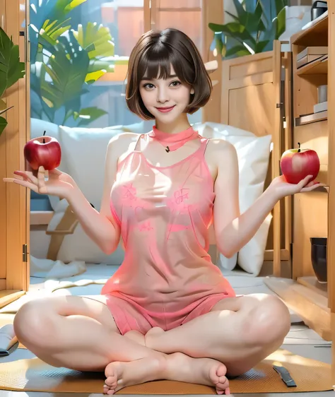 {{{hold your hands out as if you were holding an apple::1.8}}},{{{blunt bangs、short hair:1.6}}}},,{{girl sitting on a mat and do...