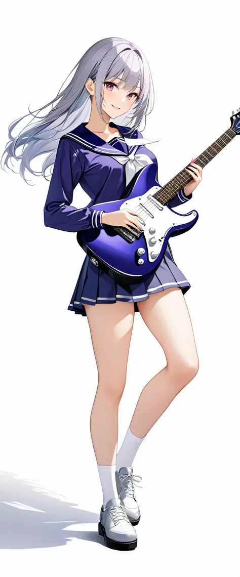 (((White background:1.5)))、(((The subject and guitar are in full view:1.5))),(((full body:1.2)))、(masterpiece、Ultra HD、Highest quality、Masterpiece、8k:1.2)、Slender body、High school girl playing electric guitar、(Purple sailor suit) 、Long silver hair、(((A dyn...