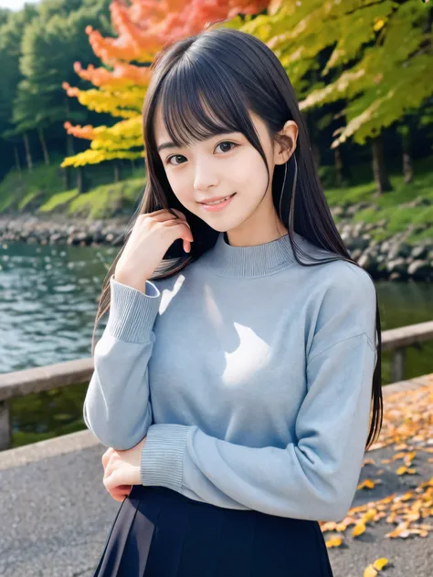 (close up face shot of one slender small breasts dark silver long hair with swept bangs girl in a long sleeves shirt and sweater...