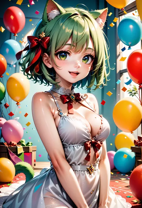 1 cat girl, emerald eyes, cat tail, cat ears, light green hair, short hair, smile, open mouth, cute, medium breasts, bare shoulders, red ribbon, (hair ribbon:1.1), dress, confetti, party, indoors, balloon, gorgeous, glitter, sharp focus, looking at viewer,...