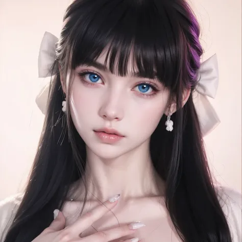 arafed woman with a white feathered headband and a white robe, pale snow white skin, pale porcelain white skin, white skin and reflective eyes, white detailed eyes, ulzzang, girl with white eyes, pale blue eyes, pale milky white porcelain skin, with long h...