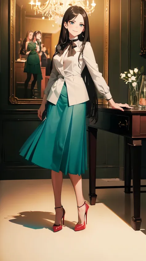 ((masterpiece, high resolution, better quality, better details)), ((Smiling)), ((one girl)) a girl standing, full body, maxi green skirt, blouse,((louboutin high heels)), green eyes , ((black hair, long hair)), shiny skin, ((behind view)), solo, full body,...