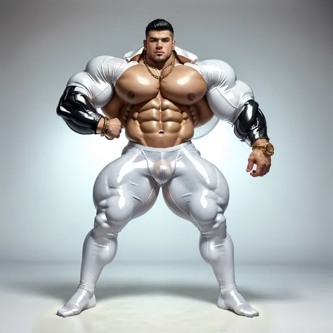 full body view, one handsome bodybuild 18 yo boy , massive, swollen muscles, bodybuilder posing in white transparent PVC biker jacket, tight white transparent latex breeches, white transparent rubber socks, no shoes, golden rings, necklaces, bracelets, pie...