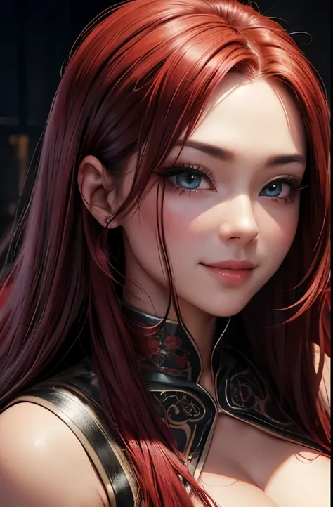 Realistic, a glamour shot of a smiling Asian waifu (extremely long curly red hair), cupping (squeezing) her breast, big ass, leaning toward the viewer, cowgirl pose, with Smokey eyeshadow and knowing smile, heavy eyeshadow and mascara, wearing an evening d...