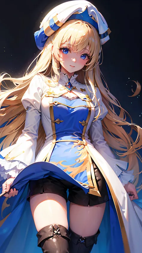 masterpiece,Noise Reduction,perfect anatomy,High resolution, Ultra-detailed,Game CG,dutch angle,a beauty girl,Cowboy Shot,priestess, Blonde hair, Blue eyes, Long hair, hair between eye,magic wand to grab,smil,boots, dress, frilled sleeves, frills, hat, whi...