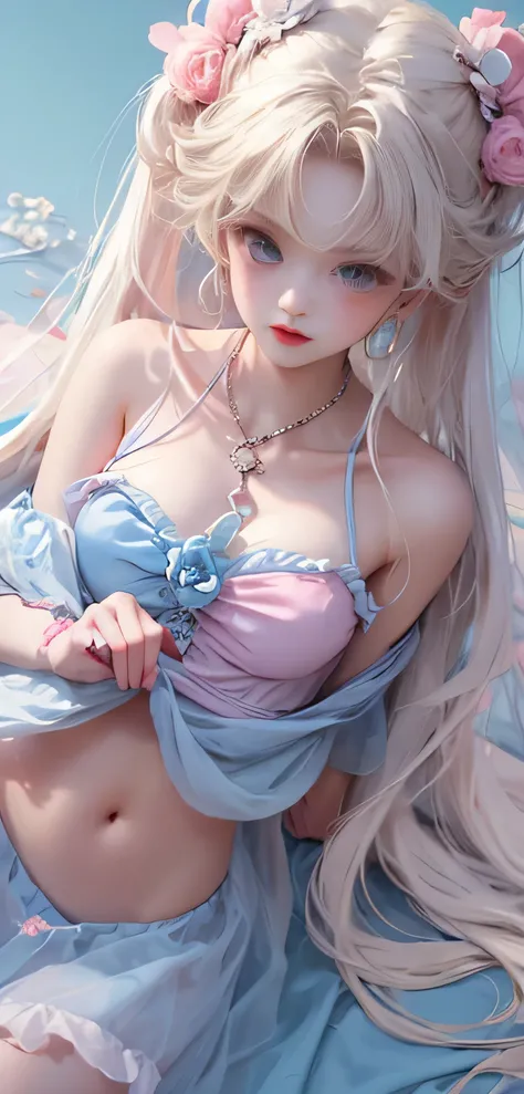 Light blue and pink color scheme，Sexy Girls, ，Esbian，White Curly Hair