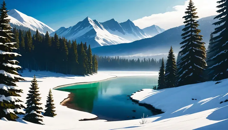 a snowy winter landscape, snow-covered evergreen trees, snowfall, mountainous terrain, frozen lake, calm and serene atmosphere, (best quality,4k,8k,highres,masterpiece:1.2),ultra-detailed,(realistic,photorealistic,photo-realistic:1.37),cinematic lighting, ...