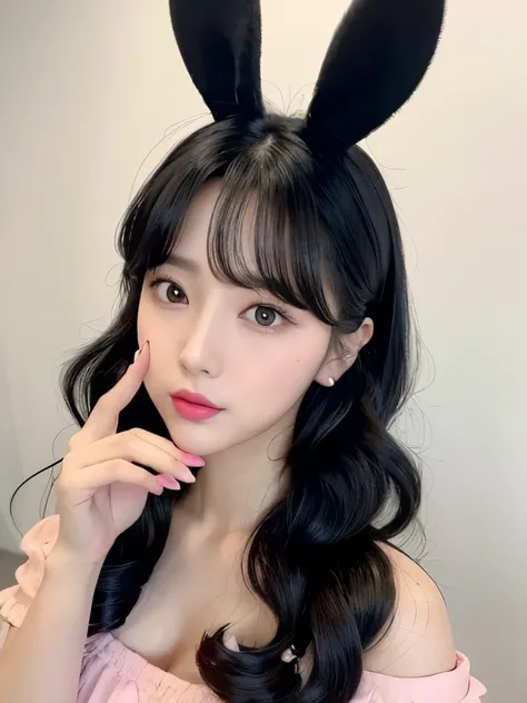 Kim Jenni with black hair, light black hair, with curls, with a bunny clip in her dark black hair, brown eyes, beautiful eyes,pretty, upturned nose, pretty lips, pastel pink lips, Cupid&#39;s heart shaped lips, pale white skin, pretty skin, skin with all p...