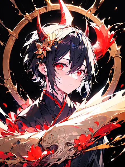 ((BLACK BACKGROUND:1.5)), masterpiece, best quality, ultra detailed, exquisite, beautiful, highres, abyss, ((1 boy)), shota, oni, looking at viewer, mens short hair, hair covering eyes, black hair, red eyes, japanese clothes, with a scar, with horns, outsi...